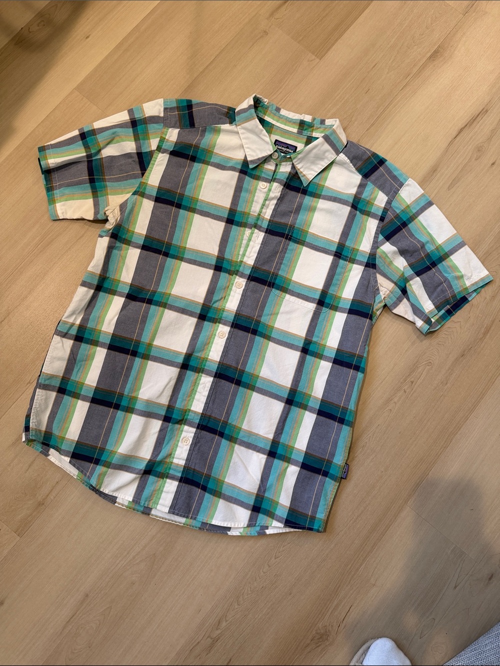 Patagonia Men's Short-Sleeve Plaid Button-Up Shirt - White & Blue